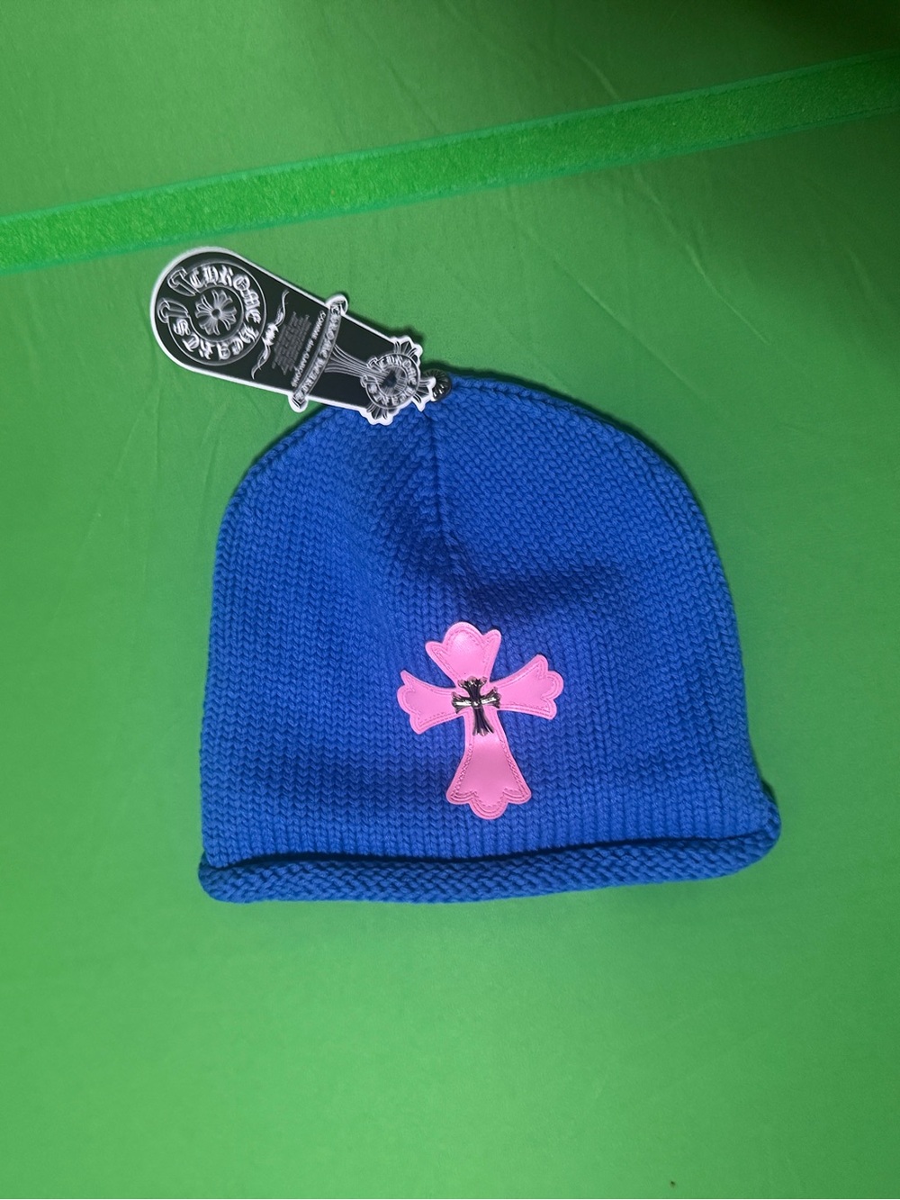 Blue Knit Beanie with Pink Cross Accent